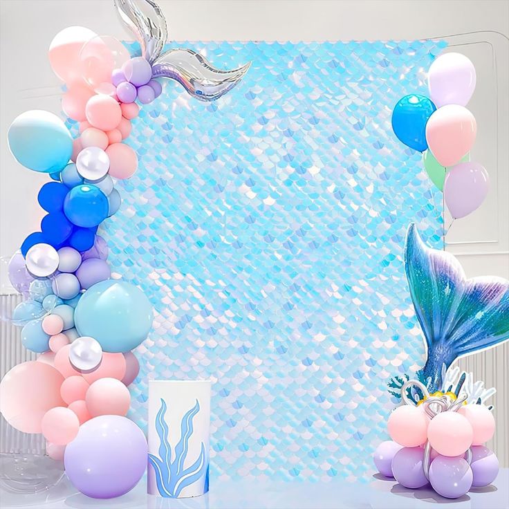 8ft by 8ft Rainbow Blue Mermaid Scale Sequin Shimmer Backdrop Wall Panels For Birthday Baby Shower Party Decoration
