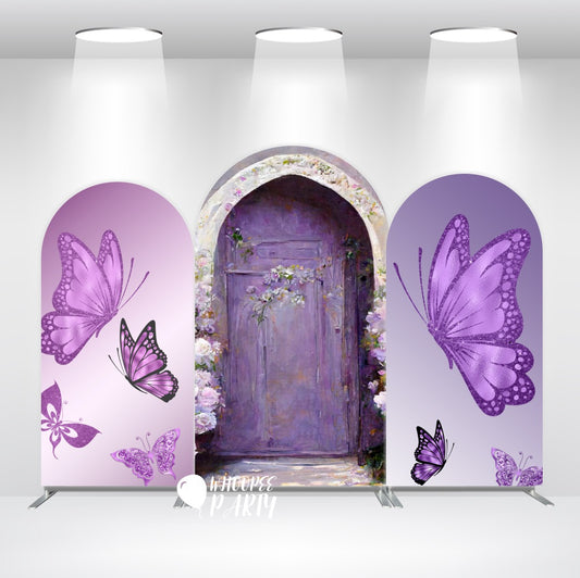 Arco de mariposa morado con soporte | Fondo de fiesta de hadas lavanda para cumpleaños y fotomatón