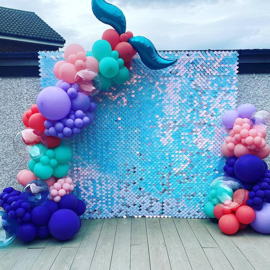 8ft by 8ft Rainbow Blue Mermaid Scale Sequin Shimmer Backdrop Wall Panels For Birthday Baby Shower Party Decoration