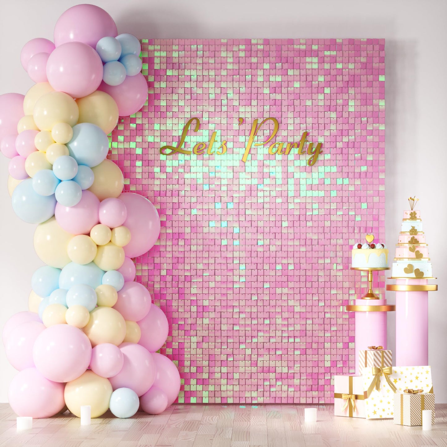 8ft by 8ft Gradient Iridescent Pink Sequin Shimmer Backdrop Wall Panels For Birthday Wedding Party Event Decoration