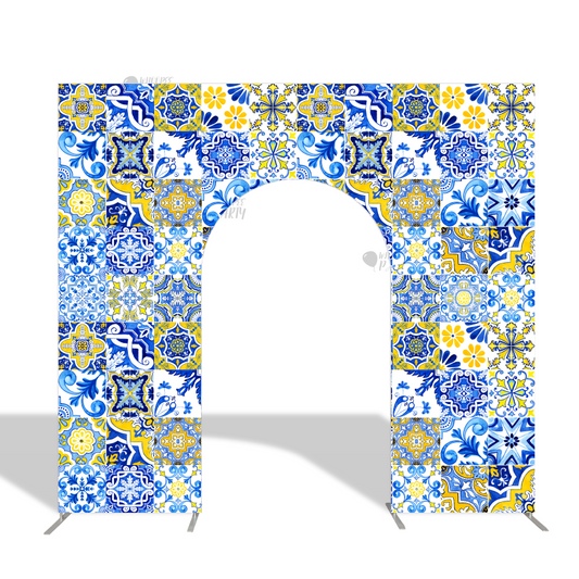 Amalfi Coast Mediterranean Patchwork Tile Open Door Welcome Arch Backdrop Wall Stand For Birthday Wedding Party Decoration