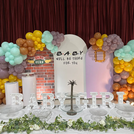 Estaremos allí para ti Fiesta de cumpleaños Arco Fondo Pared Cubierta de tela