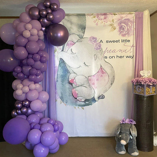 Baby Elephant With Purple Flower Baby Shower Party Decoration Fabric Backdrop