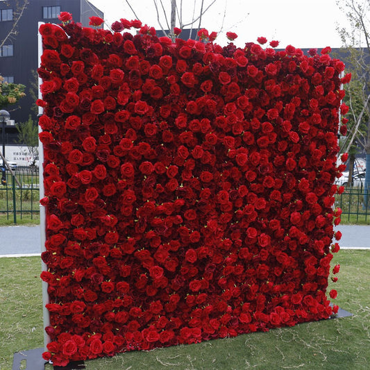 Handmade Artificial Cloth Curtain Silk Red Flower Rose Wall Wedding Backdrop Decoration Outdoor Event Party Decor Props