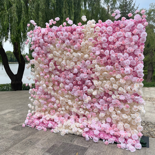 Handmade Artificial Cloth Curtain Silk Pink Flower Wall For Birthday Wedding Backdrop Decoration Outdoor Event Party Decor Props