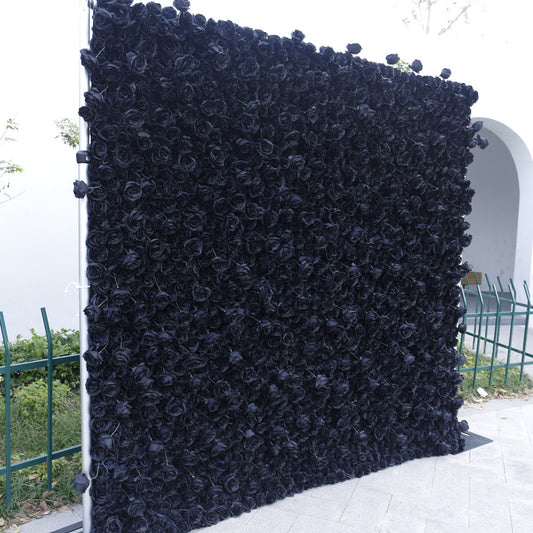 Handmade Artificial Fabric Rolling Up Curtain Black Rose Flower Wall Backdrop For Birthday Wedding Decor