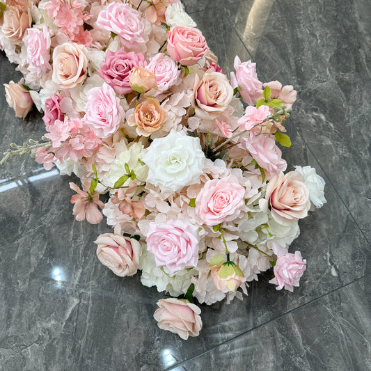 Elegant Pink Artificial Flower Runner – Silk Roses, Cherry Blossoms, Dahlias, Hydrangeas & Hydrangeas for Wedding Table Décor