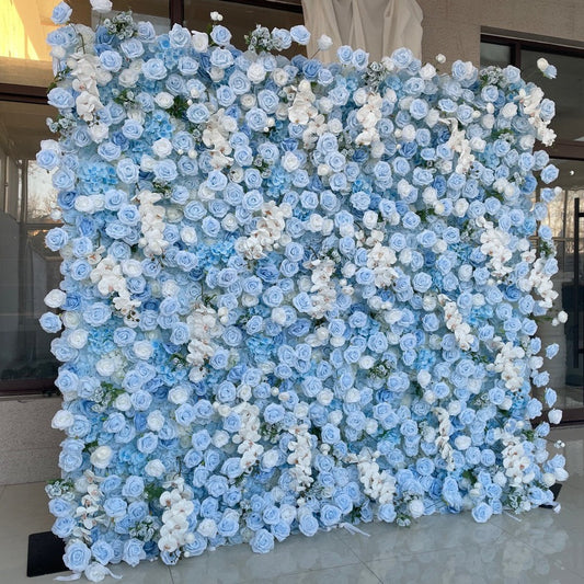 Handmade Artificial Cloth Curtain Silk Blue Flower Wall For Birthday Wedding Backdrop Decoration Outdoor Event Party Decor Props