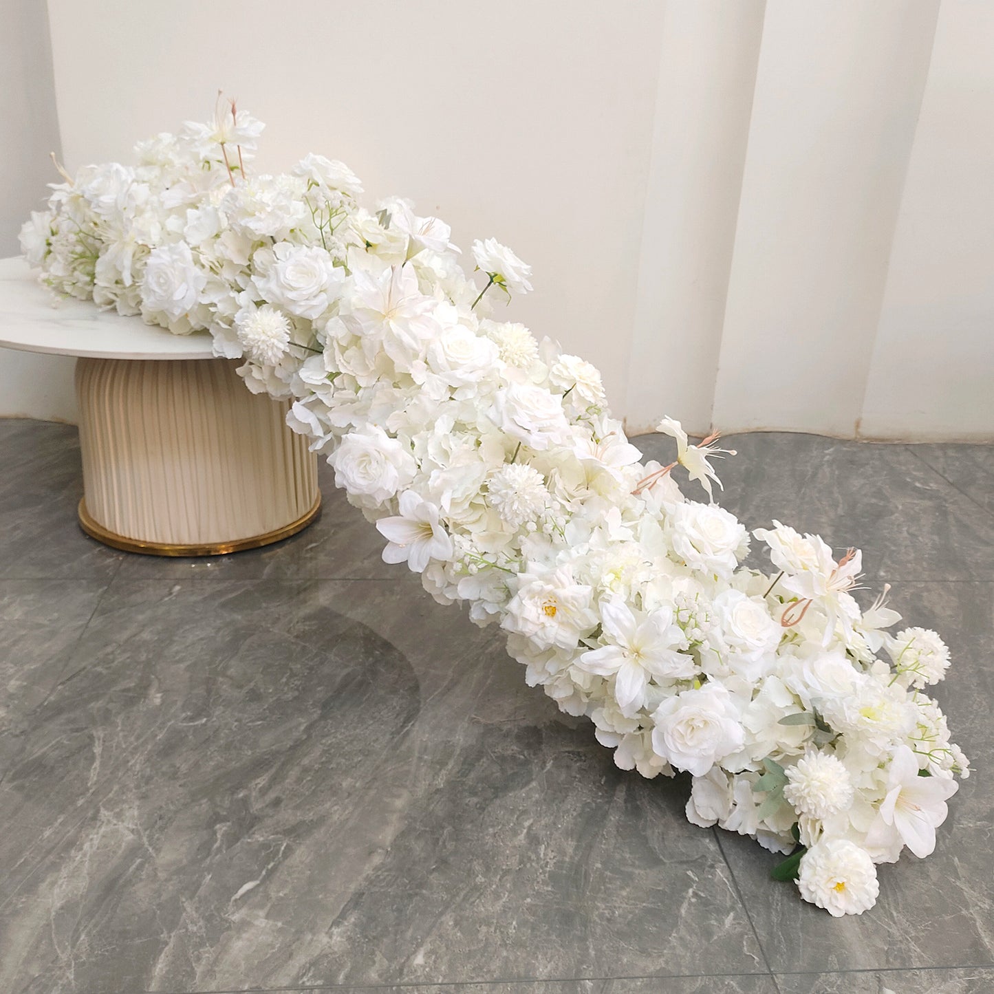 Elegant White Artificial Flower Runner – Silk Roses, Lilies & Hydrangeas for Wedding Table Décor