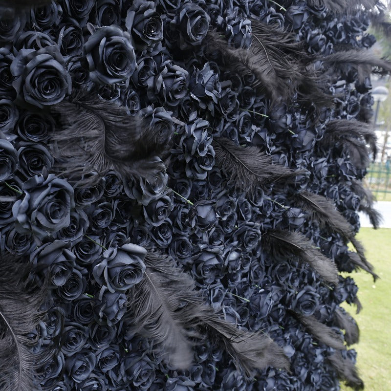 Handmade Artificial Fabric Rolling Up Curtain Black Rose Flower Wall Backdrop For Birthday Wedding Decor