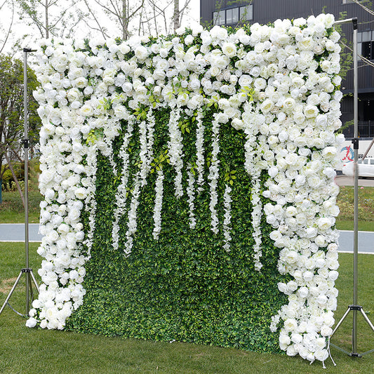 Cloth Curtain Silk White Rose Flower Green Plant Wall For Birthday Wedding Backdrop Decoration Outdoor Event Party Decor Props