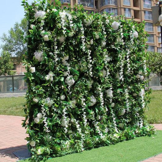 Rolling Up Cloth Curtain Silk Green Plant White Flower Wall For Birthday Wedding Backdrop Decoration Outdoor Event Party Decor Props