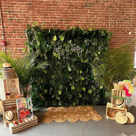 Handmade Tropical Green Palm Artificial Cloth Curtain Silk Flower Wall Wedding Backdrop Decoration Outdoor Event Party Decor Props