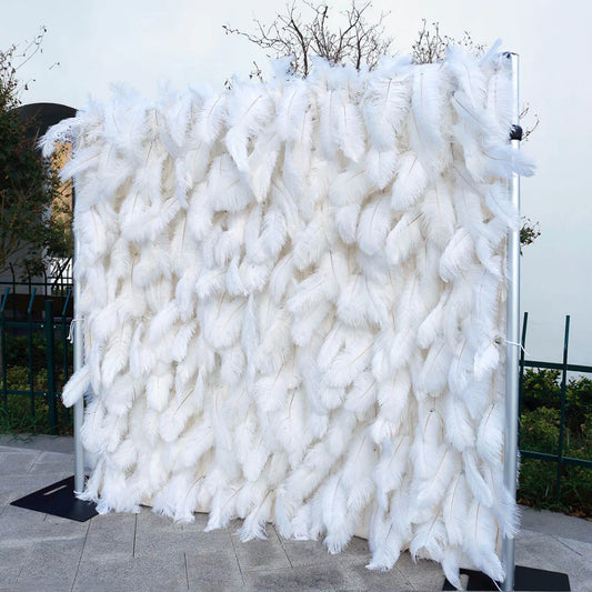 3D White Feather Fabric Rolling Up Curtain Flower Wall Cloth Artificial Plant Wall Wedding Backdrop Decor Party Stage Layout