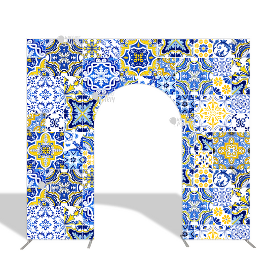 Amalfi Coast Mediterranean Patchwork Tile Open Door Welcome Arch Backdrop Wall Stand For Birthday Wedding Party Decoration