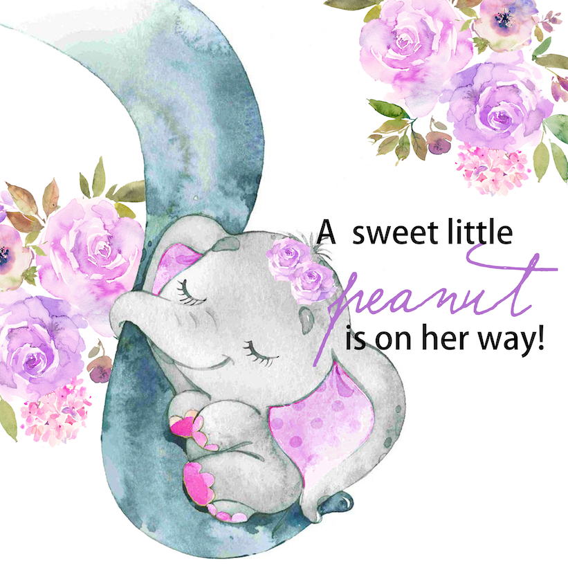 Baby Elephant With Purple Flower Baby Shower Party Decoration Fabric Backdrop
