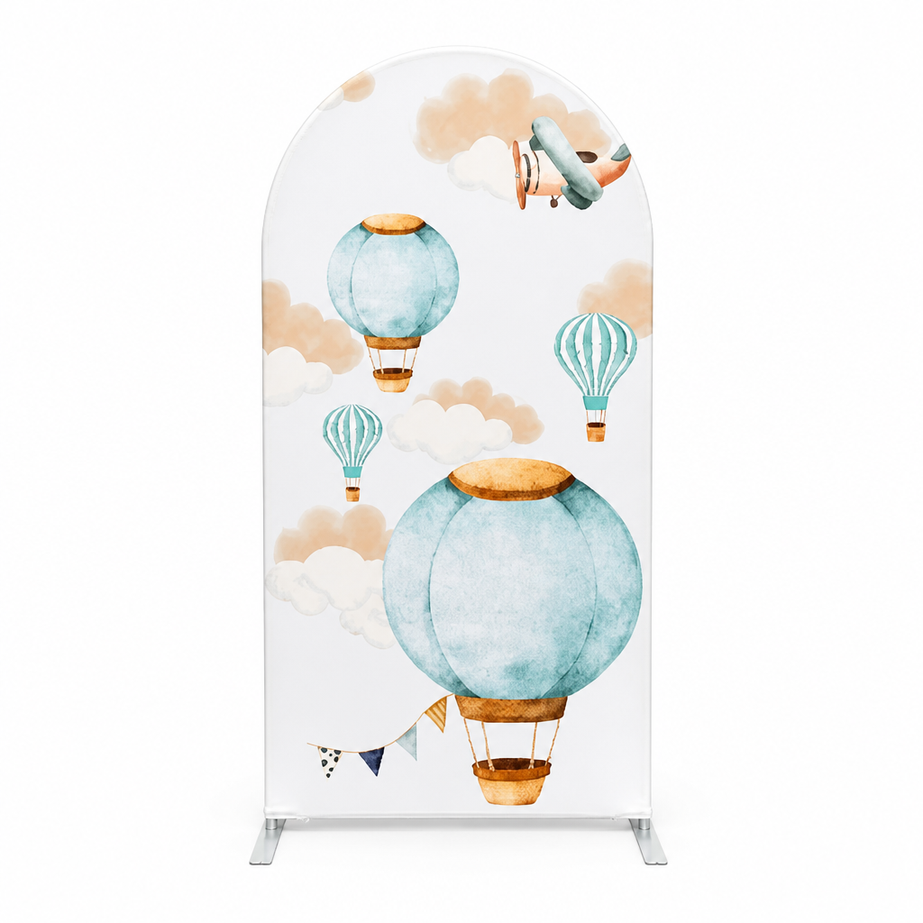 Arch backdrop featuring hot air balloons and clouds