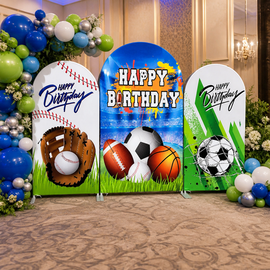 Customizable sports arch birthday party backdrop with football, soccer, basketball, and baseball decorations