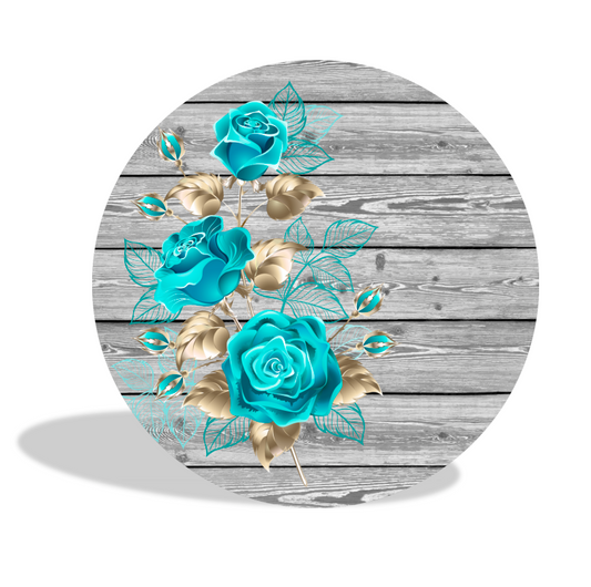 Wood blue rose birthday party decoration round circle backdrop cover plinth cylinder pedestal cloth cove
