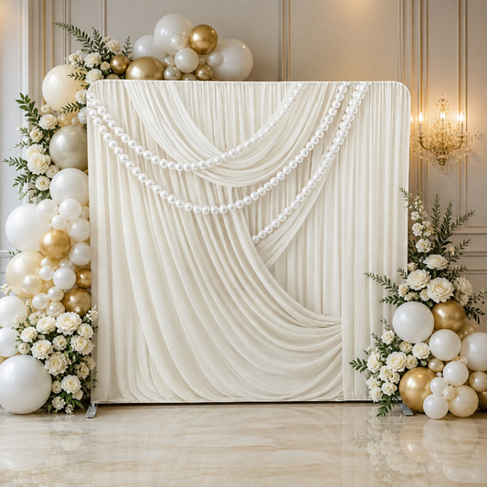 Elegant event setup featuring ivory draped backdrop with balloon and flower decor