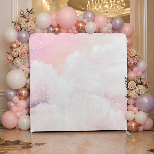 Elegant pink cloud balloon and floral party backdrop with stand