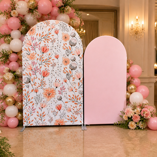 Floral arch backdrop in party setting with balloon decorations