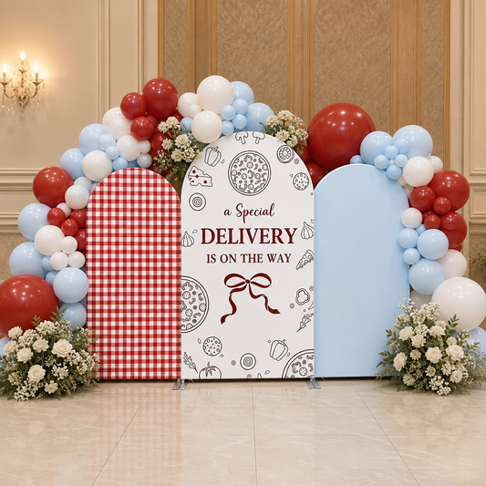Food delivery themed middle arch backdrop cover with pizza illustrations and special delivery text