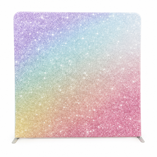 Front view of rainbow sparkle tension fabric backdrop with aluminum stand