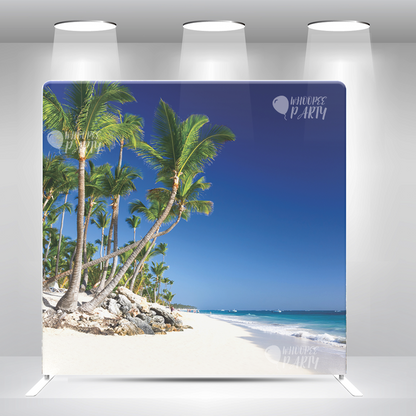 Funda de almohada con fondo de palmera de playa y soporte para cumpleaños, bodas, baby showers y fiestas.