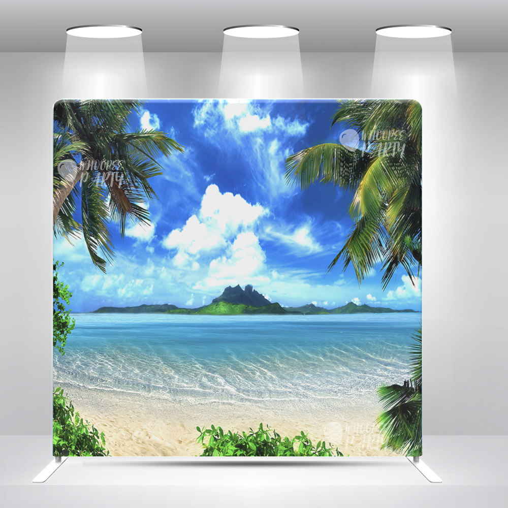 Funda de almohada con fondo de palmera de playa y soporte para cumpleaños, bodas, baby showers y fiestas.