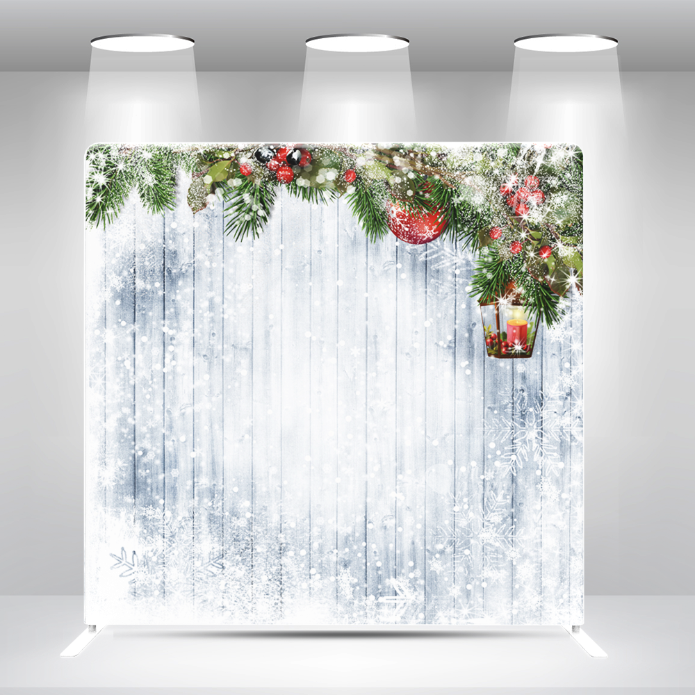 Winter Christmas Backdrop – Rustic Wood Background with Snowy Pine & Berry Frame Pillow Case Photo Booth Backdrop Wall Cover With Stand