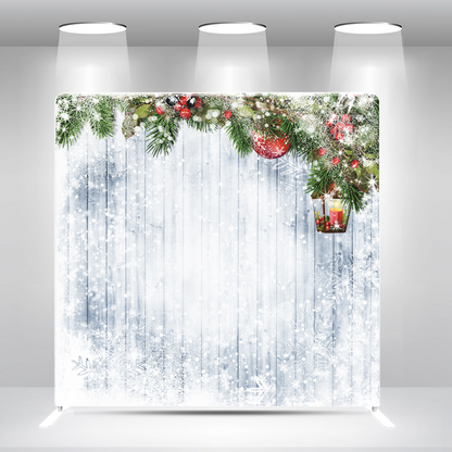 Winter Christmas Backdrop – Rustic Wood Background with Snowy Pine & Berry Frame Pillow Case Photo Booth Backdrop Wall Cover With Stand