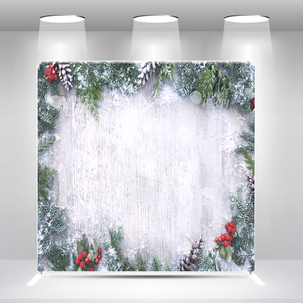 Winter Christmas Backdrop – Rustic Wood Background with Snowy Pine & Berry Frame Pillow Case Photo Booth Backdrop Wall Cover With Stand