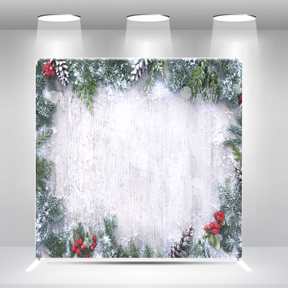 Winter Christmas Backdrop – Rustic Wood Background with Snowy Pine & Berry Frame Pillow Case Photo Booth Backdrop Wall Cover With Stand