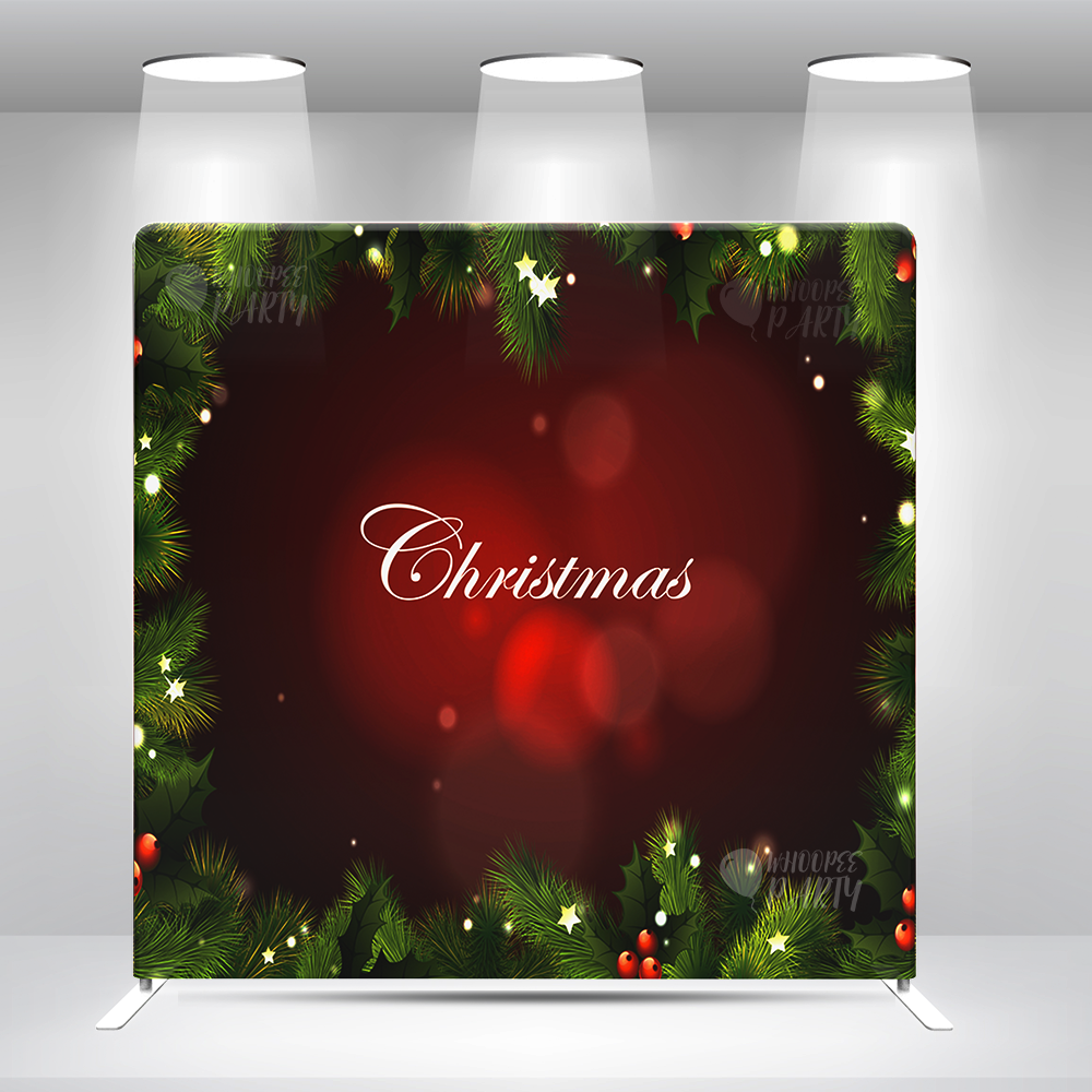 Merry Christmas Christmas with pine branches, holly leaves & festive accents Decoration Pillow Case Photo Booth Backdrop Wall Cover With Stand