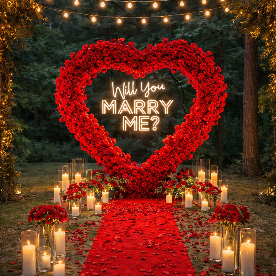 Marry Me yazılı gül kalbi evlilik teklifi dekoru