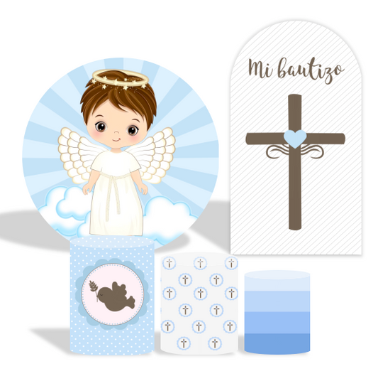 God Bless Cross Blue Boy Baptism party decoration round circle backdrop cover plinth cylinder pedestal cover