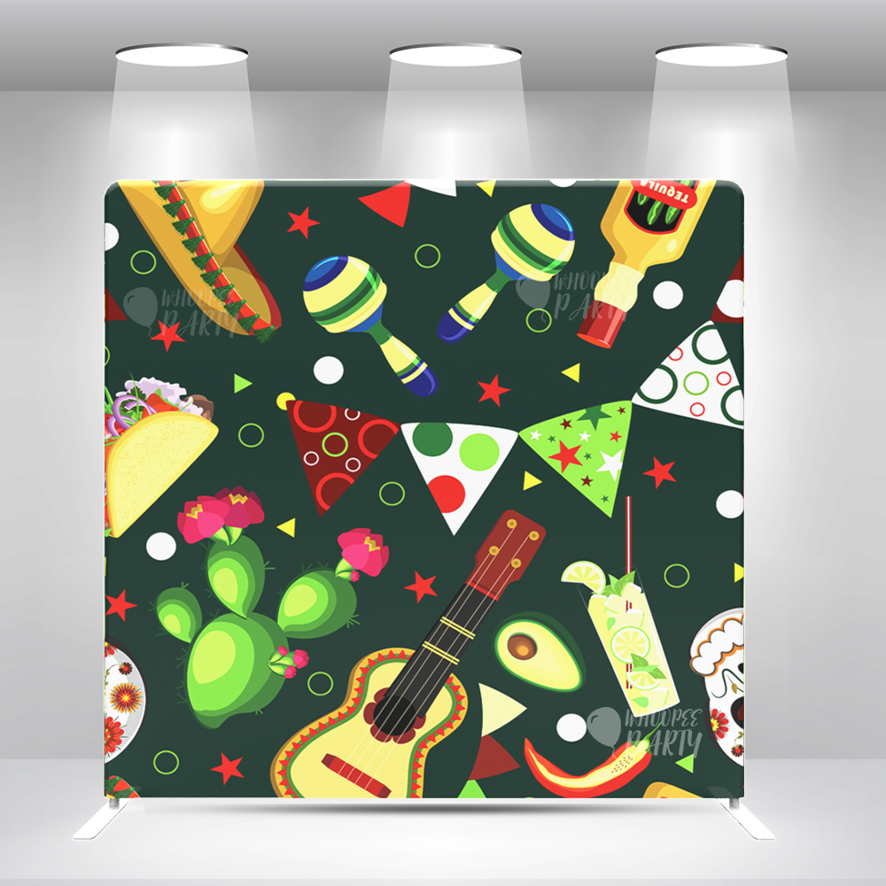 Mexican Fiesta Party Backdrop – Taco, Guitar, Cactus & Margarita Theme Photo Booth Background   Decoration Background Pillowcase Bracket and Cover