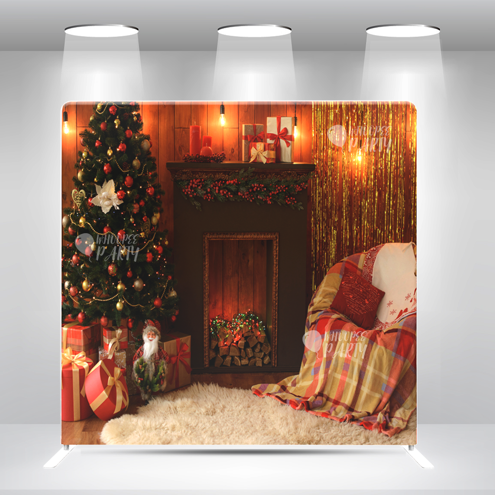 Christmas Night Backdrop – Cozy Holiday Living Room with Tree & Fireplace Pillow Case Photo Booth Backdrop Wall Cover With Stand