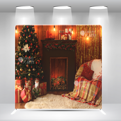 Christmas Night Backdrop – Cozy Holiday Living Room with Tree & Fireplace Pillow Case Photo Booth Backdrop Wall Cover With Stand