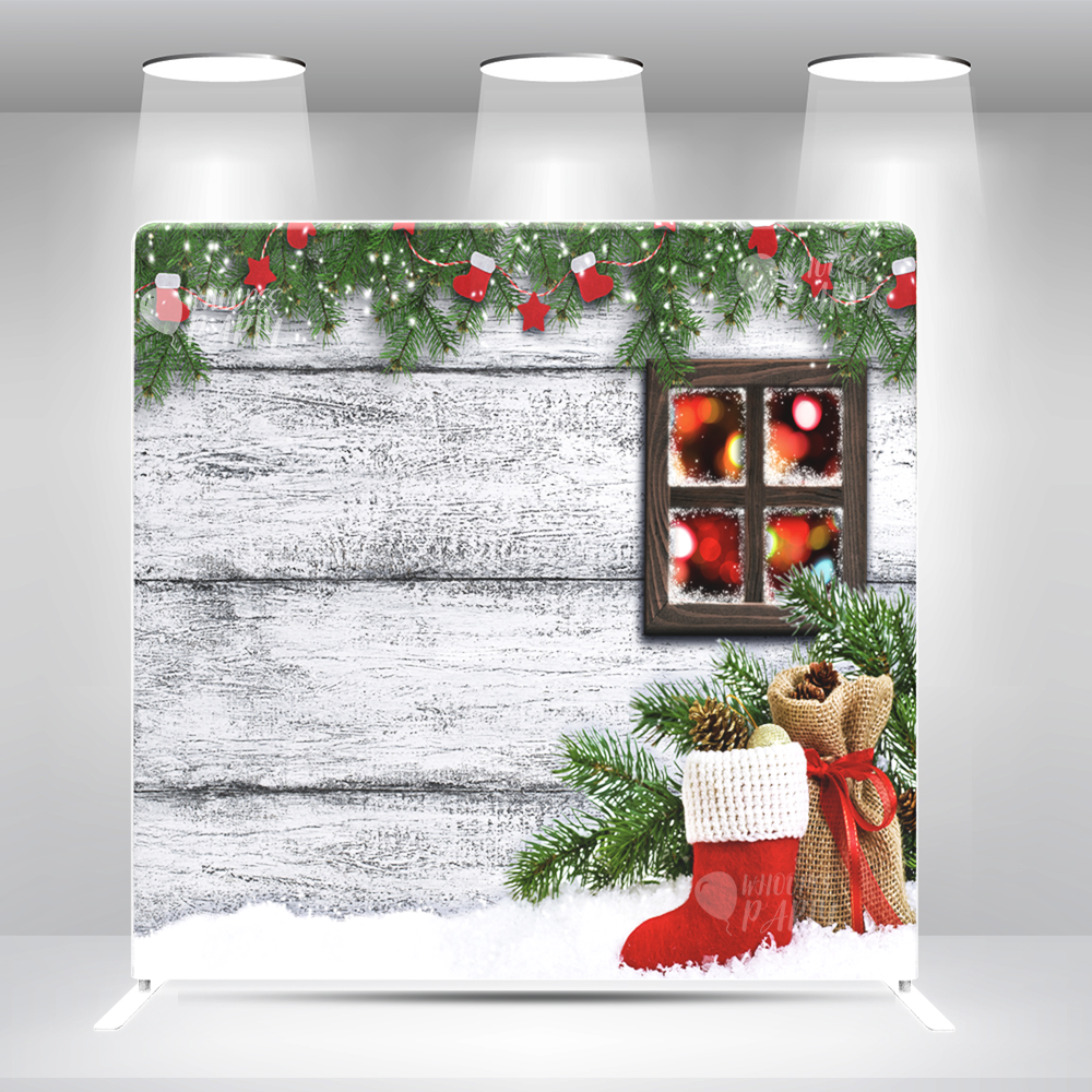 Rustic Christmas Backdrop – White Wood Wall with Window, Pine & Stocking Decor Pillow Case Photo Booth Backdrop Wall Cover With Stand