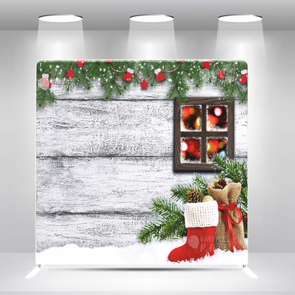 Rustic Christmas Backdrop – White Wood Wall with Window, Pine & Stocking Decor Pillow Case Photo Booth Backdrop Wall Cover With Stand