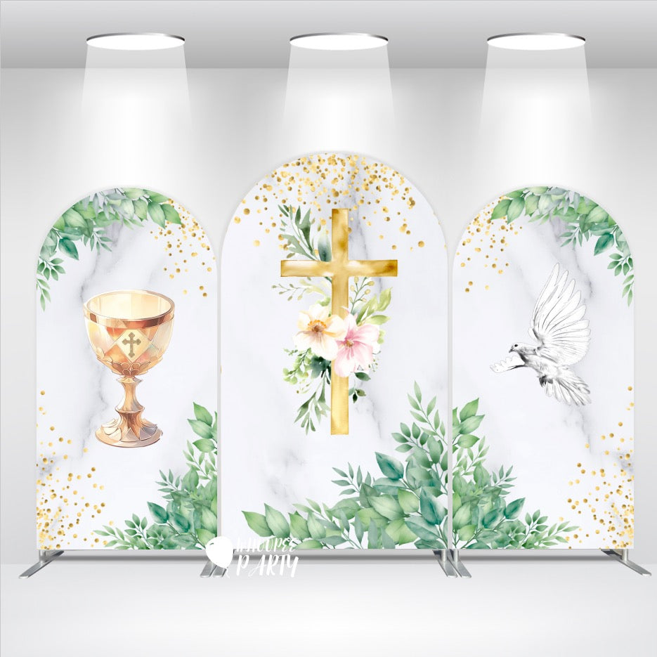 Tema de bautismo con cruz, Santo Grial, fondo de fiesta.