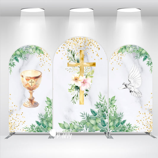 Tema de bautismo con cruz, Santo Grial, fondo de fiesta.