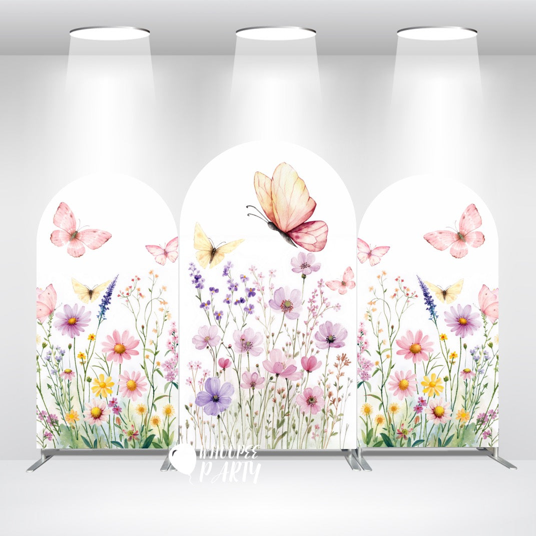Flowers and Pink Butterflies Happy Birthday Party Arches Background Wallpaper Cover