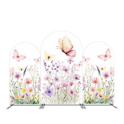 Flowers and Pink Butterflies Happy Birthday Party Arches Background Wallpaper Cover