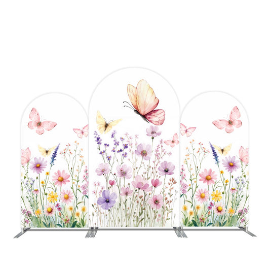 Fondo de pantalla con arcos para fiesta de cumpleaños con flores y mariposas rosas