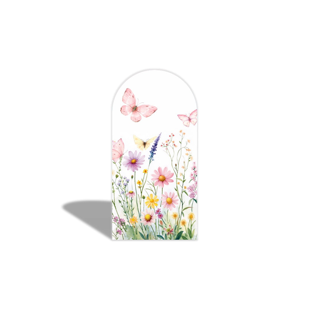 Flowers and Pink Butterflies Happy Birthday Party Arches Background Wallpaper Cover