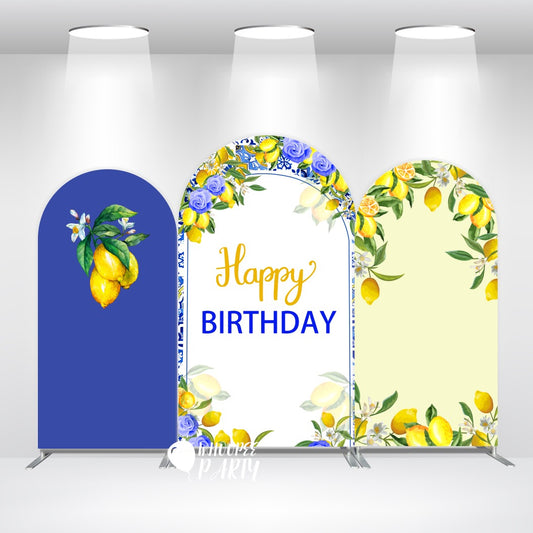 Fondo de pantalla con arcos para fiesta de cumpleaños, baby shower, despedida de soltera, marroquí, mediterráneo, azul y limón