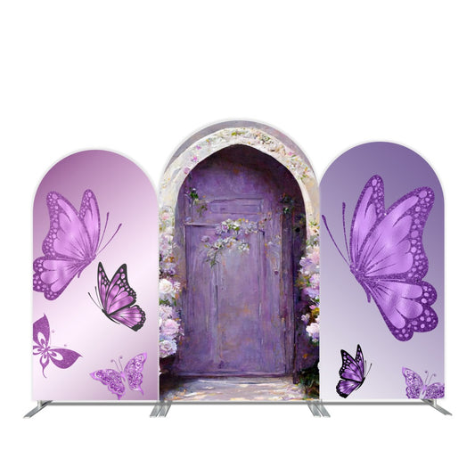 Arco de mariposa morado con soporte | Fondo de fiesta de hadas lavanda para cumpleaños y fotomatón